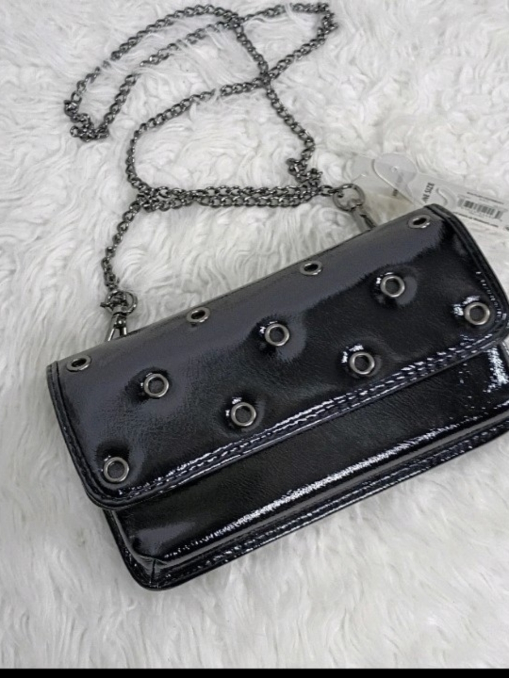 NWT Black Patent Leather Eyelet Wallet Crossbody Bag W/ Chain